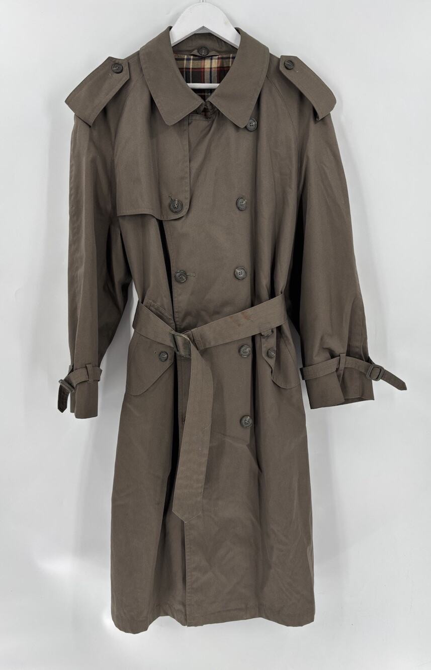 Vintage 70s 80s Plaid Lined Trench Coat Mens 42 Short Brown Belted Buttons